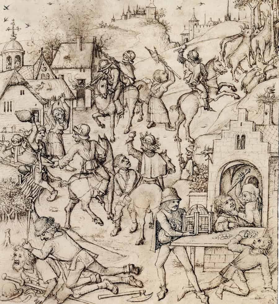 Het plunderen van dorpsbevolking in de 15de eeuw