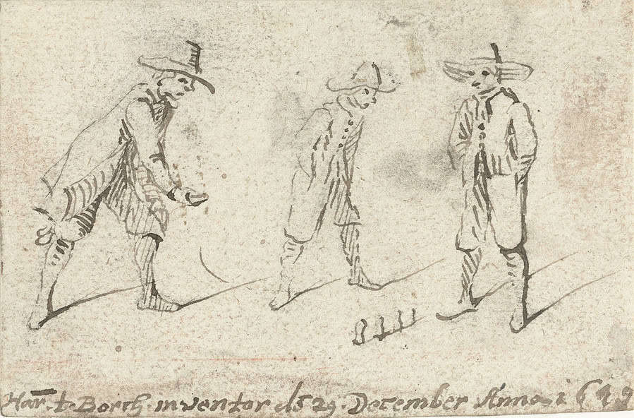 Drie jongens spelen het spel koten, Harmen ter Borch, 1649