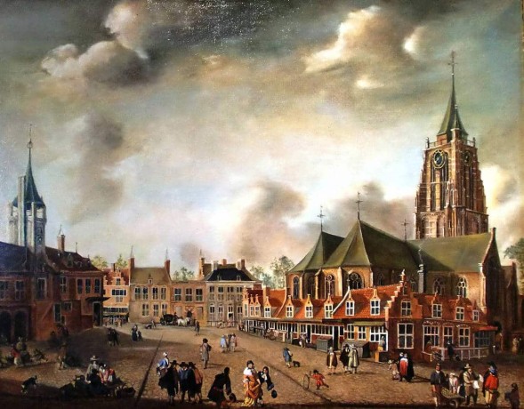 Groenmarkt omstreeks 1650 met stadhuis en de middeleeuwse kruiskerk.