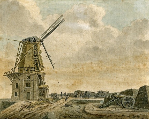 Gezigt op de Batterij en Pelmolen te Gorinchem, kort na het springen der kruitkisten den 30 Januarij 1814; van binnen de Stad te zien, door Cornelis de Jonker